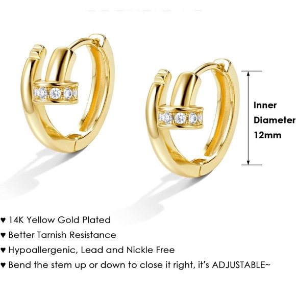 14k Gold Plated Twisted Nail Huggie Earrings Small Hoop Gold Hypoallergenic CZ - Picture 4 of 5